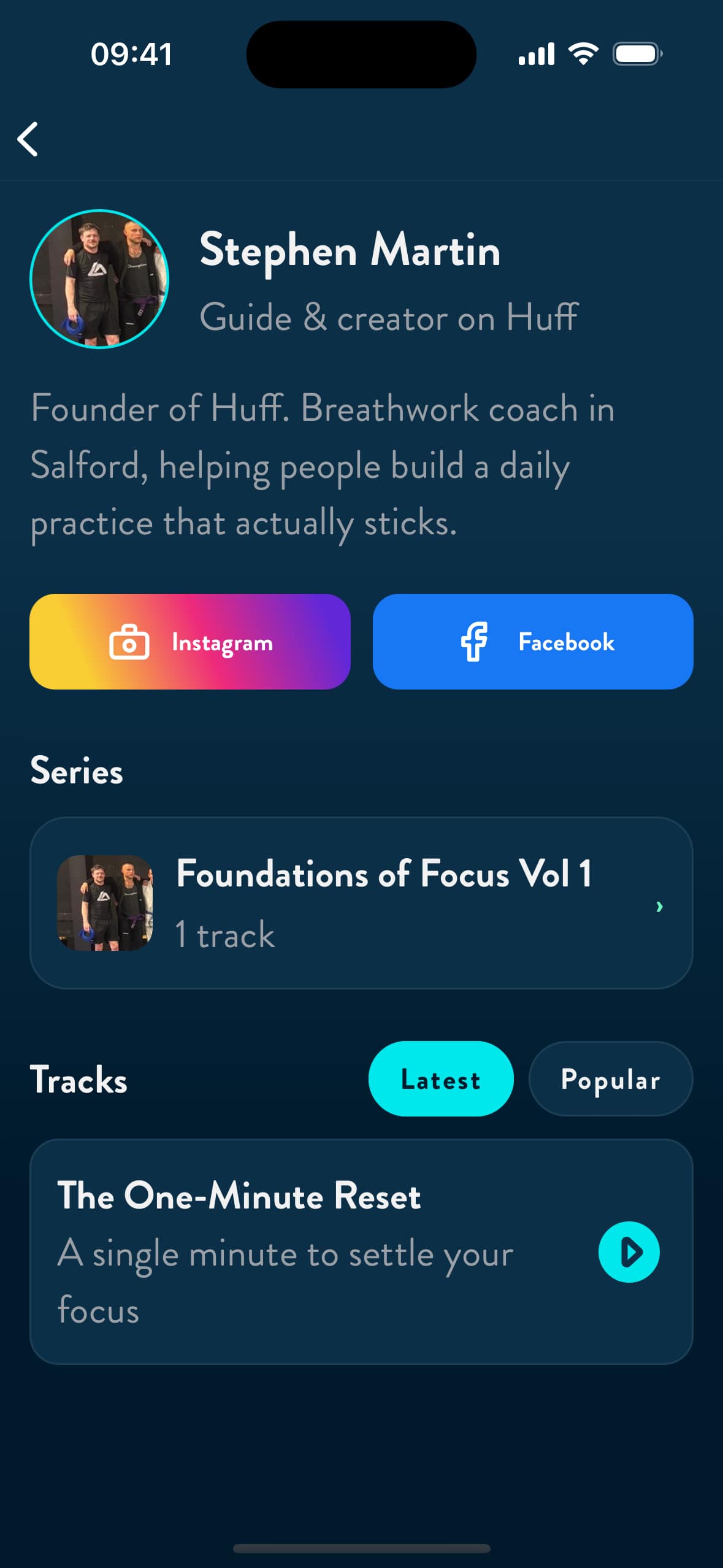 A creator's page in the Huff app: profile, series and tracks, credited to them