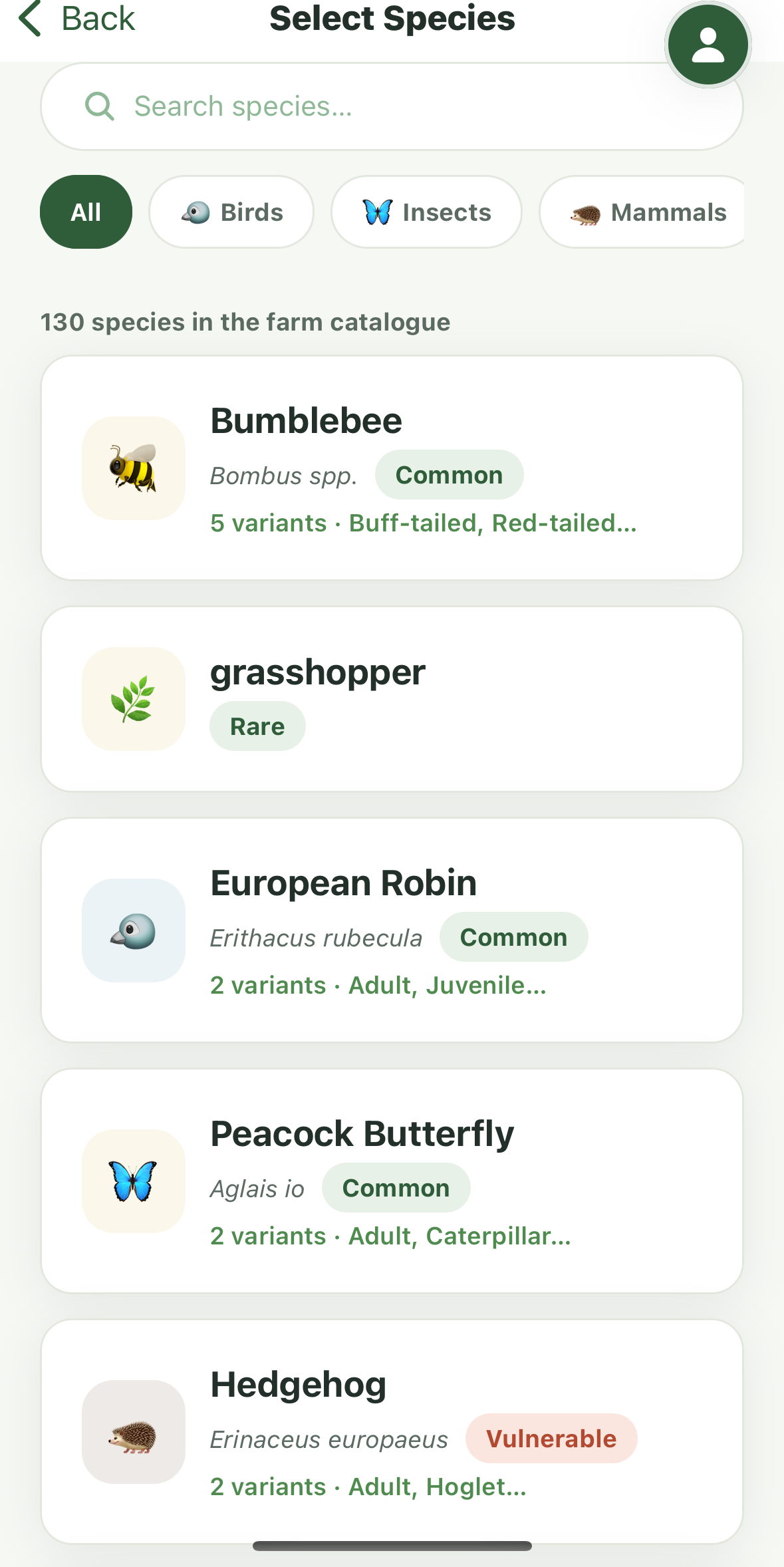 The farm species catalogue