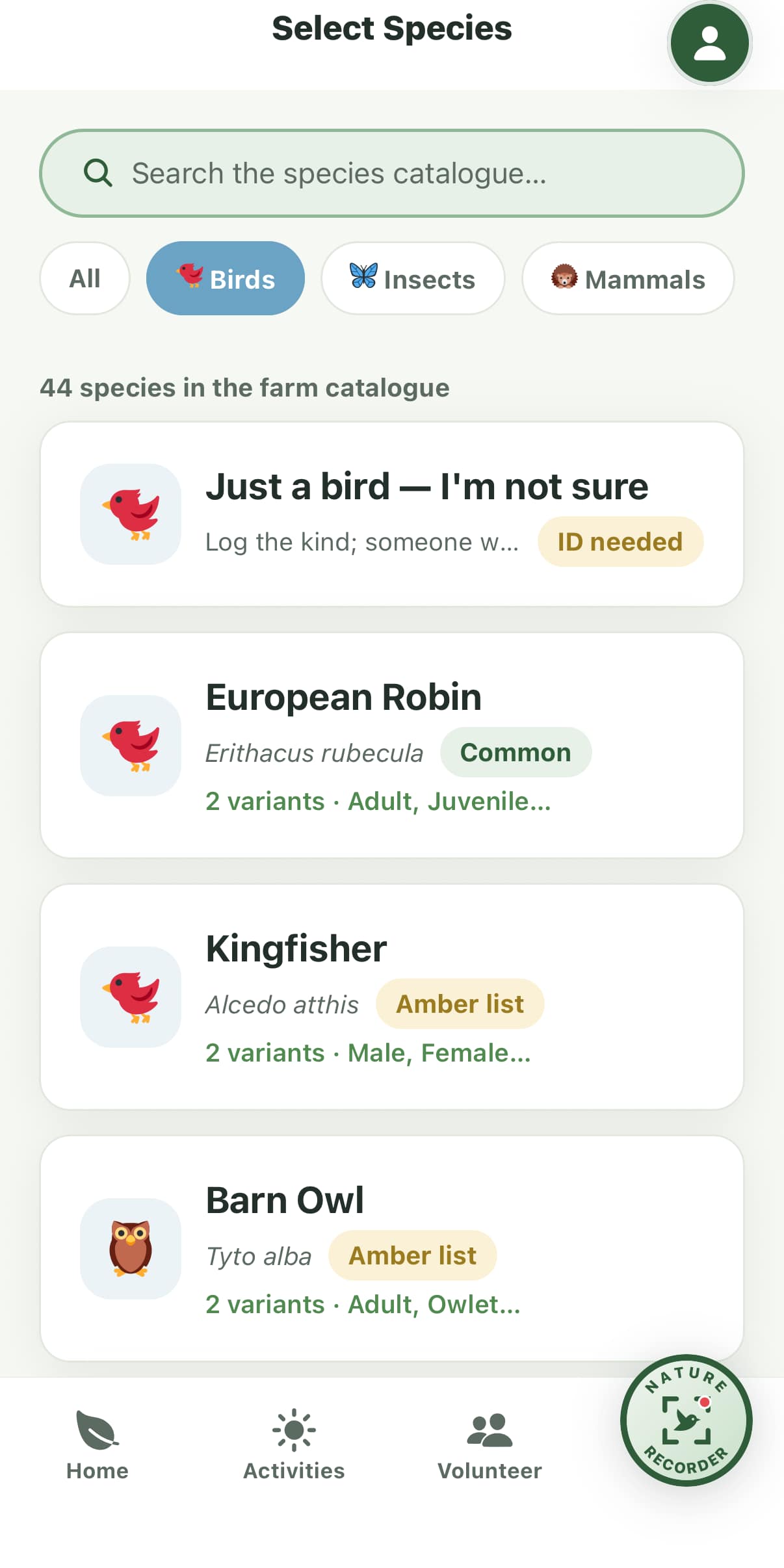 The farm species catalogue, showing birds