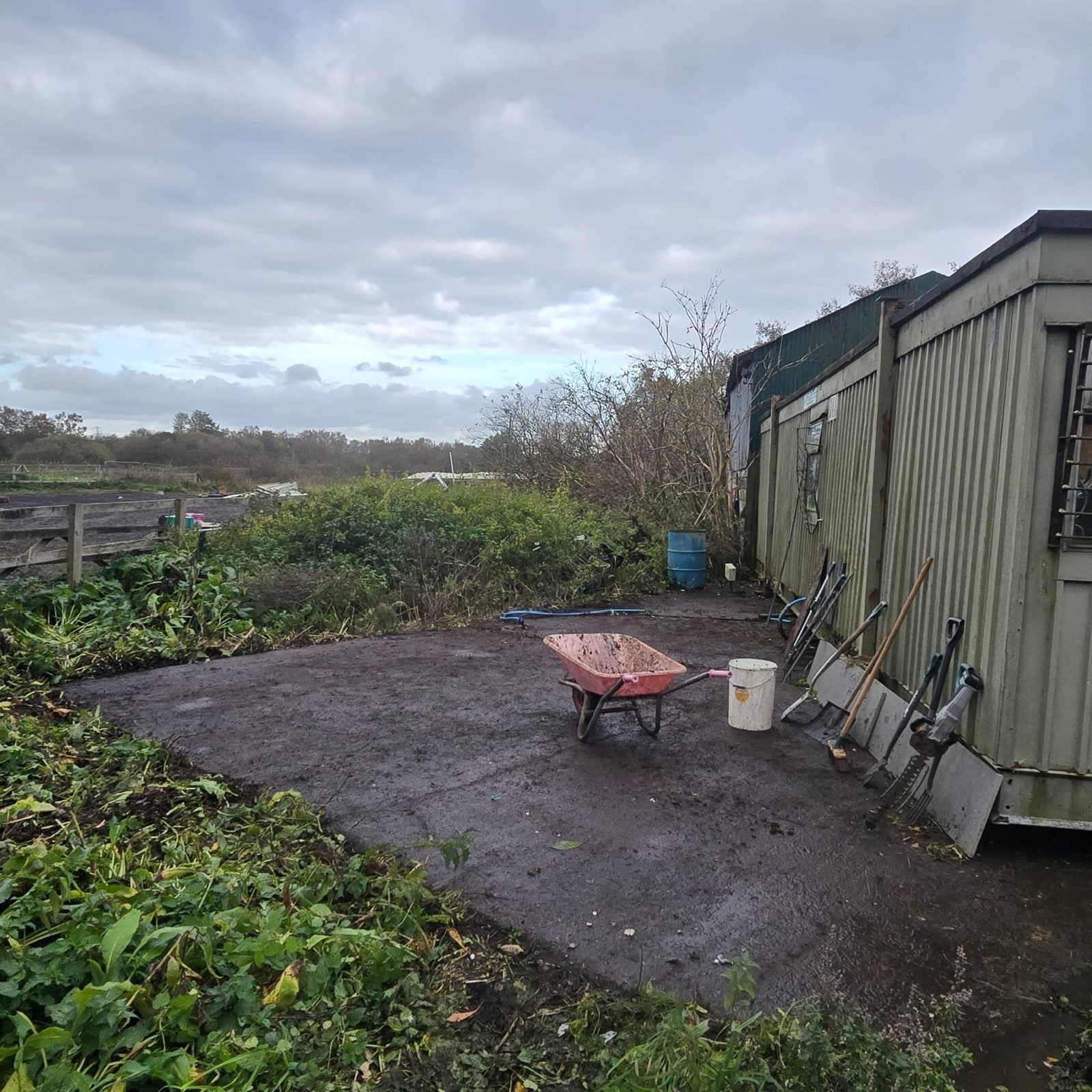 The cleared concrete pad beside the cabin, with a wheelbarrow and tools
